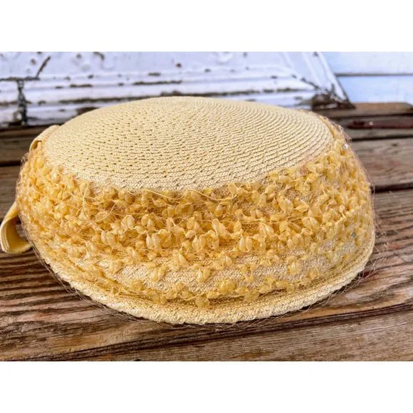 Vintage 1950s Yellow Straw Pill Box Hat Rhinestones MOD - Picture 14 of 15